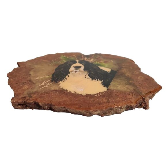 Hand Painted Agate Slab Art Of English Springer Spaniel Portrait 8x7" Signed - Picture 3 of 11